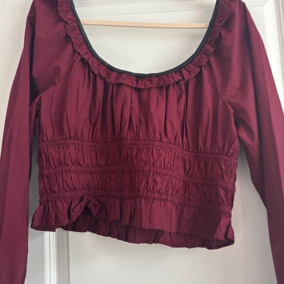 American Eagle Long-Sleeve Ruched Poplin Blouse Red Sz L Prarie Vamp Milkmaid - Picture 3 of 12